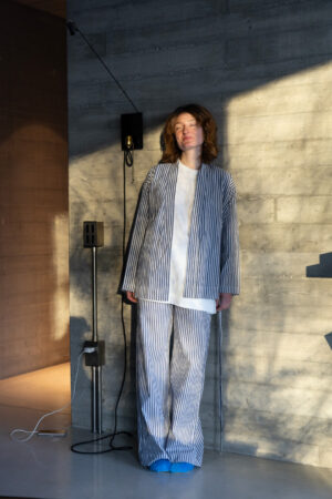 LU Completo Popeline Jacquard a Righe Avio